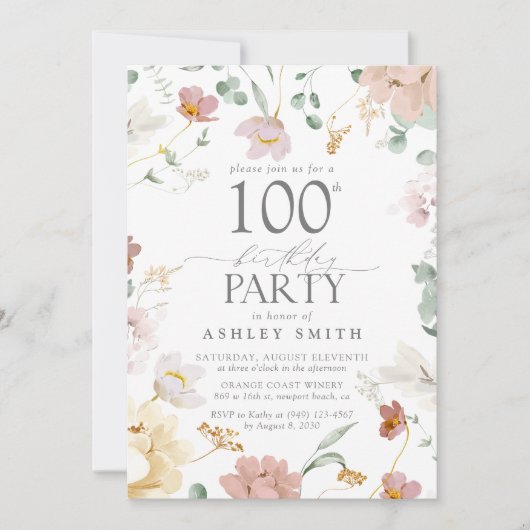 赤面ピンク100thバースデーパーティー水の色の花 招待状 (正面)