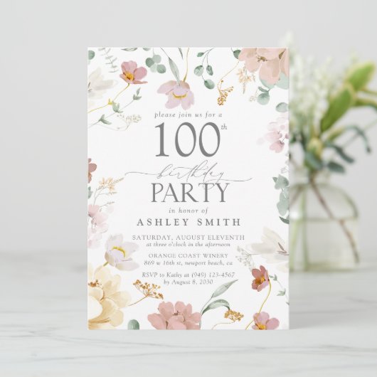赤面ピンク100thバースデーパーティー水の色の花 招待状 (スタンド正面)