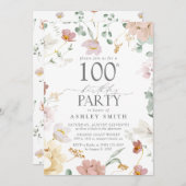 赤面ピンク100thバースデーパーティー水の色の花 招待状 (正面/裏面)