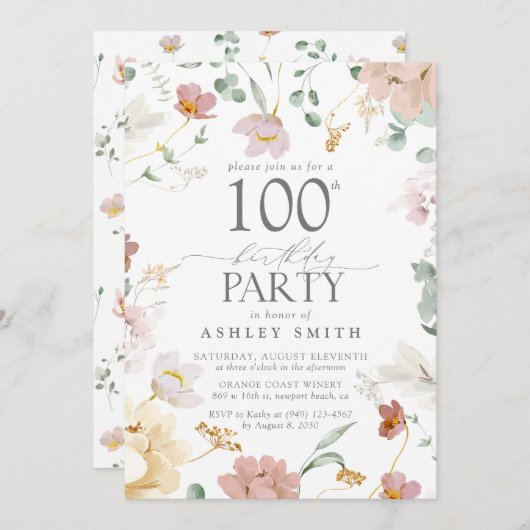 赤面ピンク100thバースデーパーティー水の色の花 招待状 (正面/裏面)