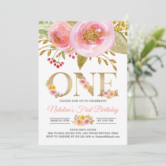 赤面ピンク1st誕生日の招待ラスティック金ゴールド 招待状 (スタンド正面)