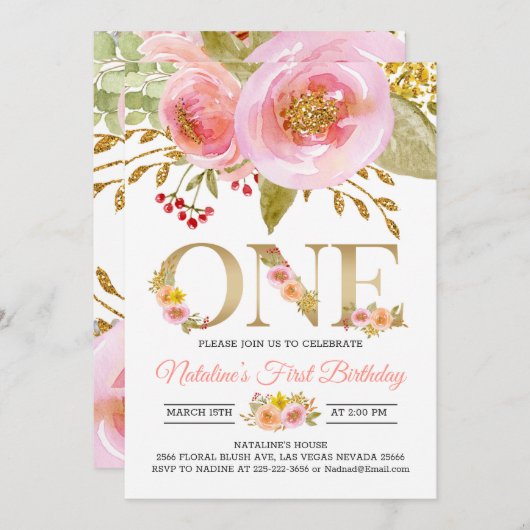 赤面ピンク1st誕生日の招待ラスティック金ゴールド 招待状 (正面/裏面)