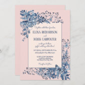 赤面ピンク、ほこりっぽい青フローラ結婚水色 招待状 (正面/裏面)