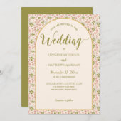 赤面ピンク、オリーブ緑のアーチ結婚形 招待状 (正面/裏面)