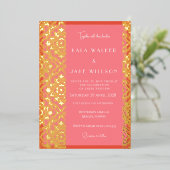 赤面ピンク+オレンジレッドイタリアンタイル無地の() 箔招待状 (立ち正面)