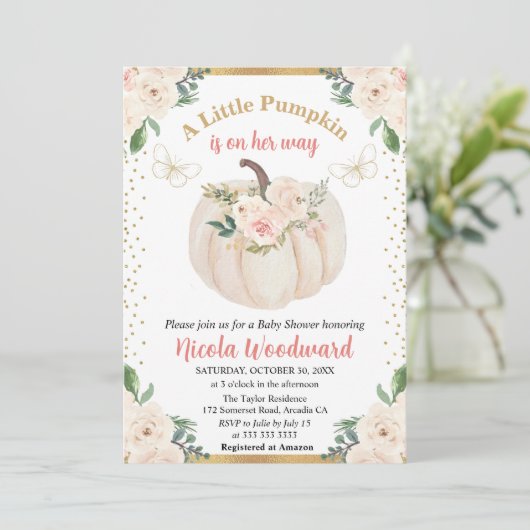 赤面ピンク&クリームフローラパンプキンベビーシャワー 招待状 (スタンド正面)