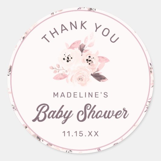 赤面ピンク&クリームフローラベビーシャワー ラウンドシール (正面)