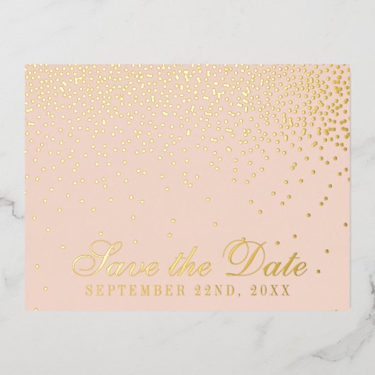 赤面ピンク&グラム紙吹雪日付を保存実在 箔招待状ポストカード (正面)