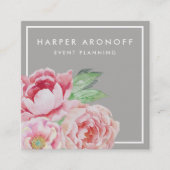 赤面ピンク&グリージアンティーク牡丹スクエア スクエア名刺 (正面)