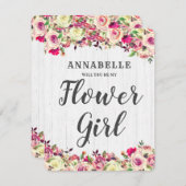 赤面ピンク&グリーンバラ私の花の女の子 招待状 (正面/裏面)