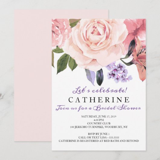 赤面ピンク&グリーンフローラブライダルシャワー 招待状 (正面/裏面)