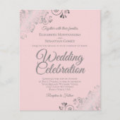 赤面ピンク&グレーフリリーBUDGET結婚式招待状 (正面)