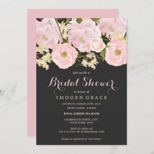 赤面ピンク&グレーフローラブライダルシャワー招待状 招待状 (正面/裏面)