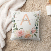 赤面ピンク&グレーフローラリース名モノグラム クッション (ブランケット)