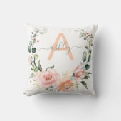 赤面ピンク&グレーフローラリース名モノグラム クッション (正面)