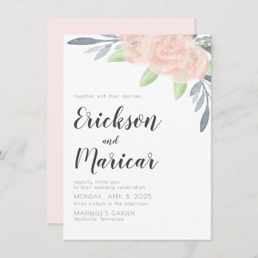 赤面ピンク&グレーフローラ |結婚式招待状 案内状 (正面/裏面)