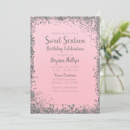 赤面ピンク&シルバーグリッターグラムスウィート16パーティー 招待状 (スタンド正面)