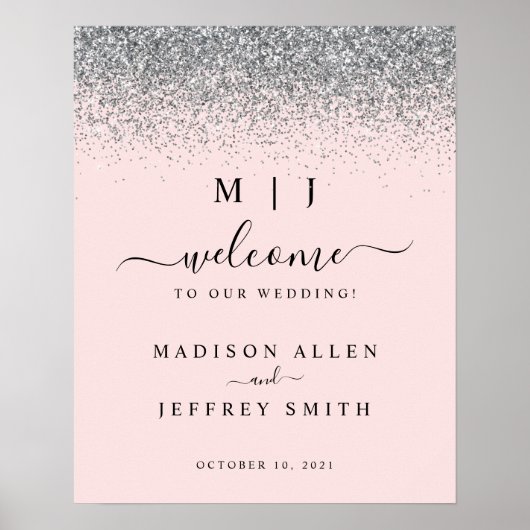 赤面ピンク&シルバーグリッター結婚のウェルカムサイン ポスター (正面)