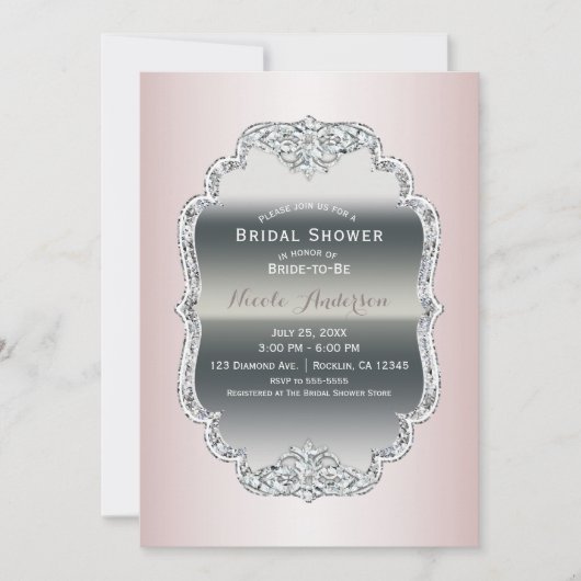 赤面ピンク&シルバーダイヤモンドきらきら光るヴィンテージ 招待状 (正面)