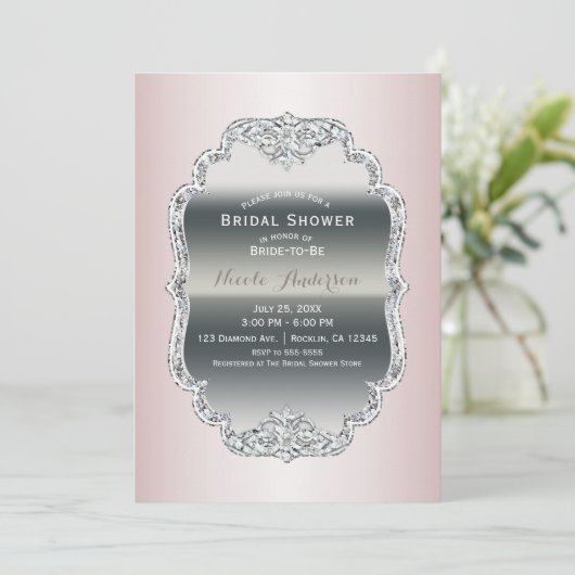 赤面ピンク&シルバーダイヤモンドきらきら光るヴィンテージ 招待状 (スタンド正面)