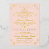 赤面ピンク&スワ華美ールズブライダルシャワー実在 箔招待状 (正面)