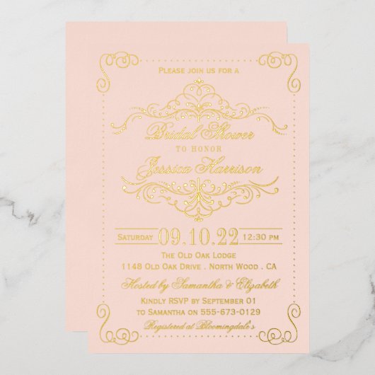 赤面ピンク&スワ華美ールズブライダルシャワー実在 箔招待状 (正面/裏面)