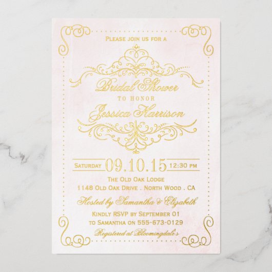赤面ピンク&スワ華美ールズブライダルシャワー実在 箔招待状 (正面)