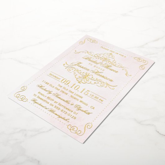 赤面ピンク&スワ華美ールズブライダルシャワー実在 箔招待状 (回転した状態)