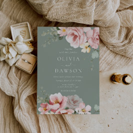 赤面ピンク&セージグリーンエレガンス結婚ズ 招待状