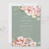 赤面ピンク&セージグリーンエレガンス結婚ズ 招待状 (正面)
