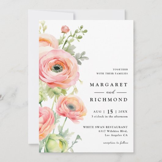 赤面ピンク&セージグリーンランクルス結婚フローラ 招待状 (正面)