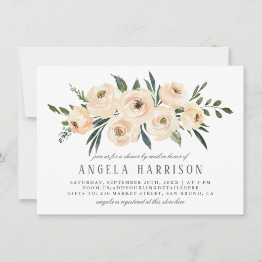 赤面ピンク&セージ水彩ブライダルシャワーバイメール 招待状 (正面)