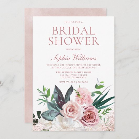 赤面ピンク&ダスティーバラフローラブライダルシャワー 招待状 (正面/裏面)