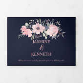 赤面ピンク&ネイビーウォーターカラーフローラ結婚ズ 三つ折り招待状 (カバー)