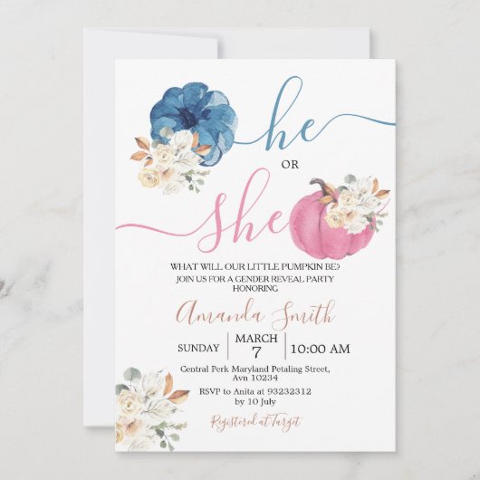 赤面ピンク&ネイビージェンダーリビールパーティの招待状 招待状 (正面)