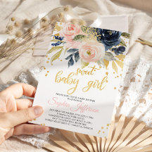 赤面ピンク&ネイビースイートベビーシャワー招待状