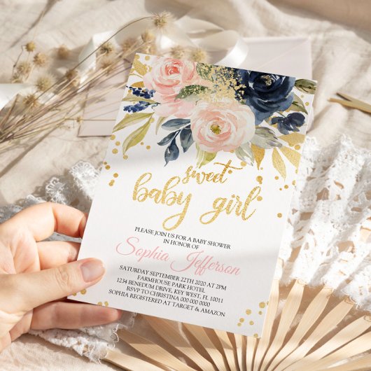 赤面ピンク&ネイビースイートベビーシャワー招待状 招待状