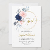 赤面ピンク&ネイビーバラフローラリースベビーシャワー 招待状 (正面)