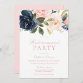 赤面ピンク&ネイビーフローラかわいらし退職パーティー 招待状 (正面/裏面)