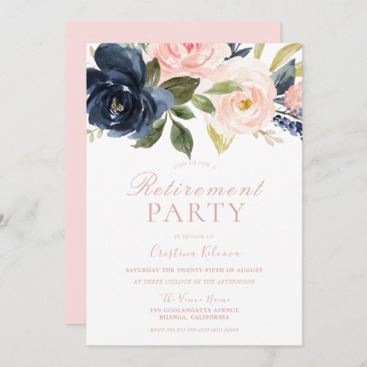 赤面ピンク&ネイビーフローラかわいらし退職パーティー 招待状 (正面/裏面)