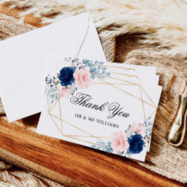 赤面ピンク&ネイビーブルーバラ結婚ズサンキューカード サンキューカード