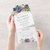 赤面ピンク&ネイビーブルーフローラブーケ結婚ス オールインワン招待状 (貼ってはがせる)