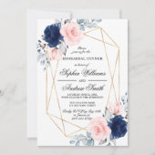 赤面ピンク&ネイビーブルーフローラリハーサルディナー 招待状 (正面)