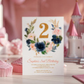 赤面ピンク&ネイビーブルーフローラリース2nd誕生日 招待状