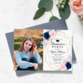 赤面ピンク&ネイビーブルー写真卒業パーティー 招待状