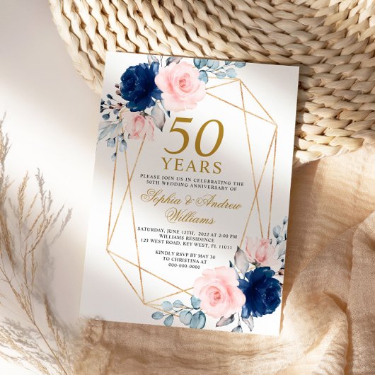 赤面ピンク&ネイビーブルー50周年結婚を迎える 招待状