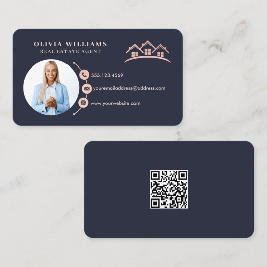 赤面ピンク&ネイビープロフェッショナル実在エステート写真 名刺 (正面/裏面)