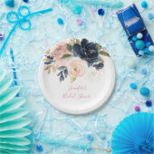 赤面ピンク |ネイビー水彩フローラブライダルシャワー ペーパープレート (パーティー)