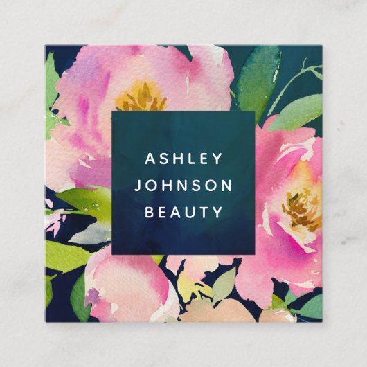 赤面ピンク&ネイビー水彩フローラブーケ スクエア名刺 (正面)