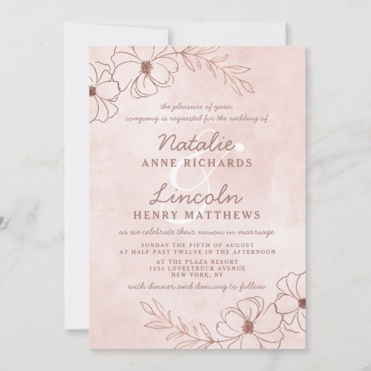 赤面ピンク&バラゴールドフォイルフローラフレーム結婚ズ 招待状 (正面)